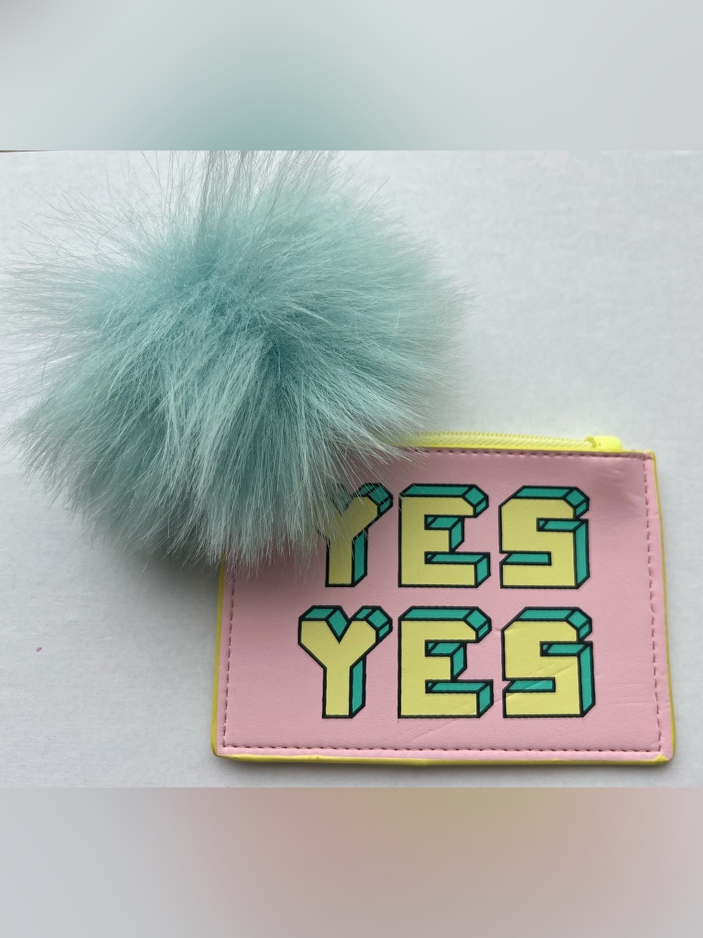 MOSSIMO SUPPLY CO. YES YES Ziptop Card Case Pink/Yellow with blue Pompom